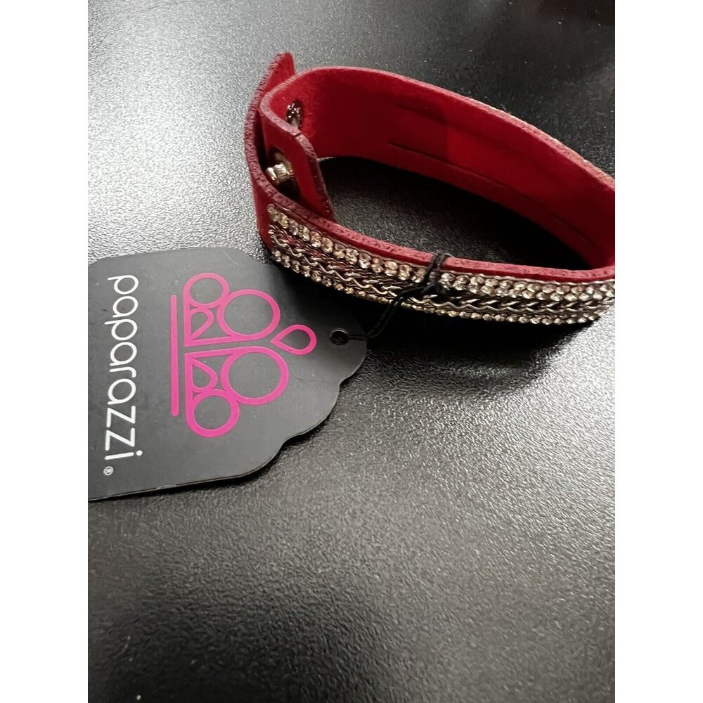 Paparazzi Red Felt Wrap Bracelet with Shiny Silver & Faux Diamond Accents 7-8"